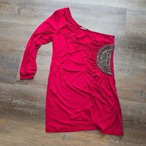 New Dots Women Red One Shoulder‎ Beaded Ruched Mini Dress Size XL